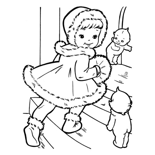 Dibujo para colorear: Niña con abrigo de piel navideño dibujo para colorear gratis de Páginas para colorear de Navidad para niños