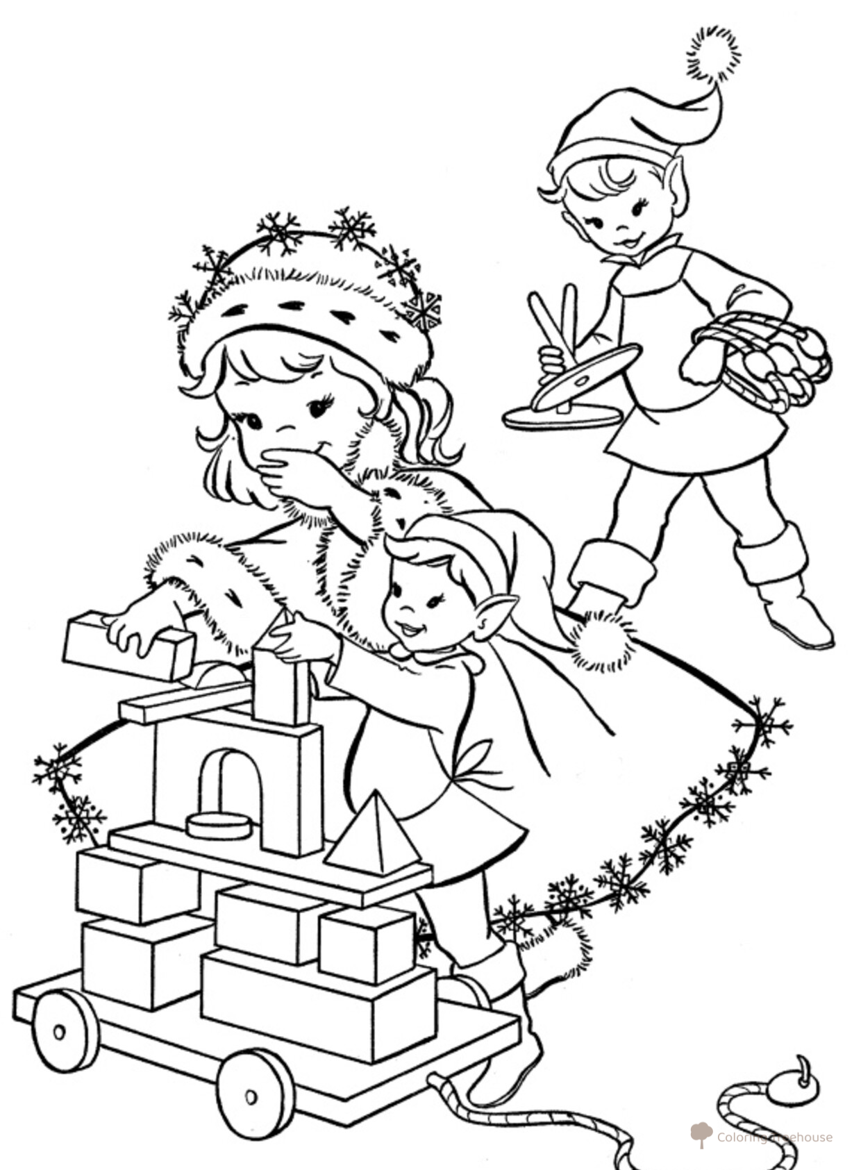 Página para colorear: Navidad — Niños con juguetes dibujo para colorear gratis de Páginas para colorear de Navidad para niños