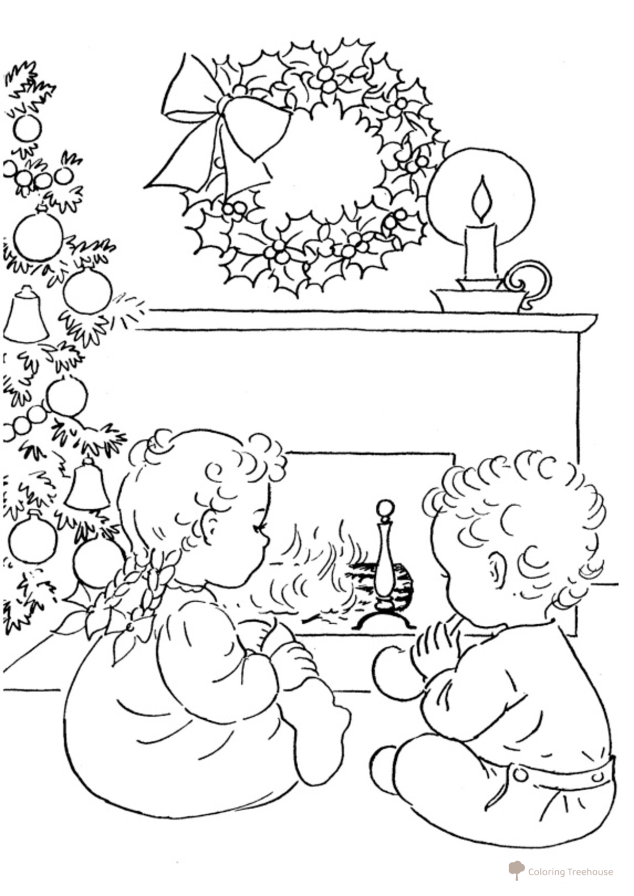 Christmas Coloring Page: Children by the Fireplace free printable Christmas Coloring Pages for Kids coloring page