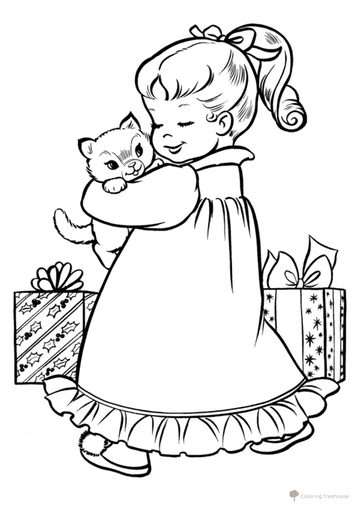 Página para colorear: Navidad — niña con gato dibujo para colorear gratis de Páginas para colorear de Navidad para niños