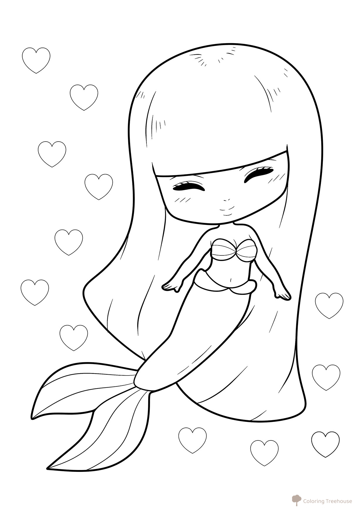 Kawaii sirena sonriente - página para colorear dibujo para colorear gratis de Páginas para colorear de sirenas